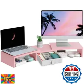 B0d14fcd7r Teamix Pink Dual Monitor Stand Riser With Drawer - Adj Length/angle 37 Inch For 2 Pc/t