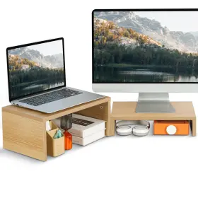 Teamix B0dbdf5gfh 2-pack Wood Pull Out 2 Tier Adjustable Monitor Stand Riser For Desk